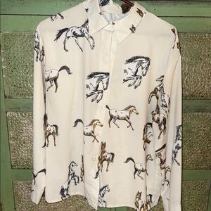 SHEIN Cream Casual Button Down Shirt with Artistic Horse Print